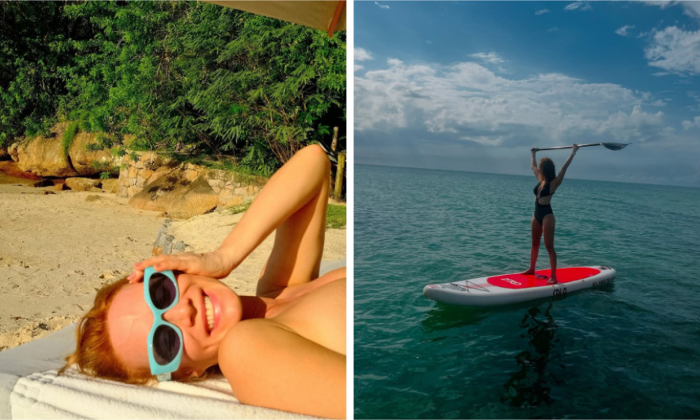 Mariana Ximenes comemora chegada do verão com mergulho no mar, stand-up paddle e topless